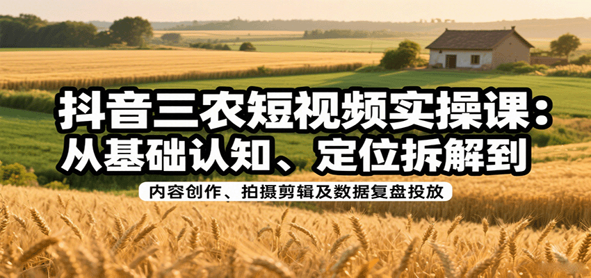 抖音三农短视频实操课：从基础认知、定位拆解到内容创作、拍摄剪辑及数据复盘投放-搞钱利器