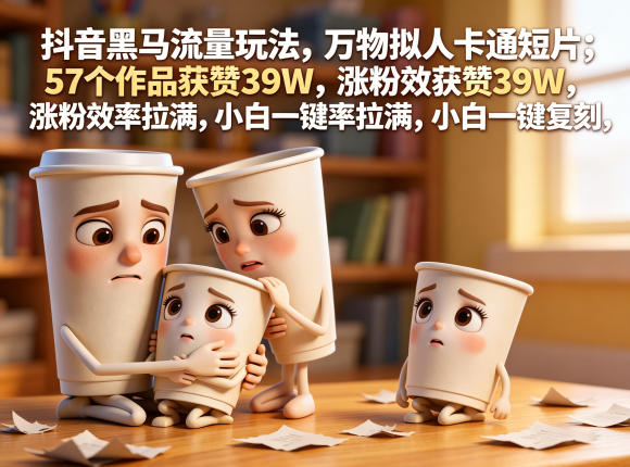 抖音黑马流量玩法，万物拟人卡通短片，57个作品获赞39W，涨粉效率拉满，小白一键复刻，保姆级拆解-搞钱利器