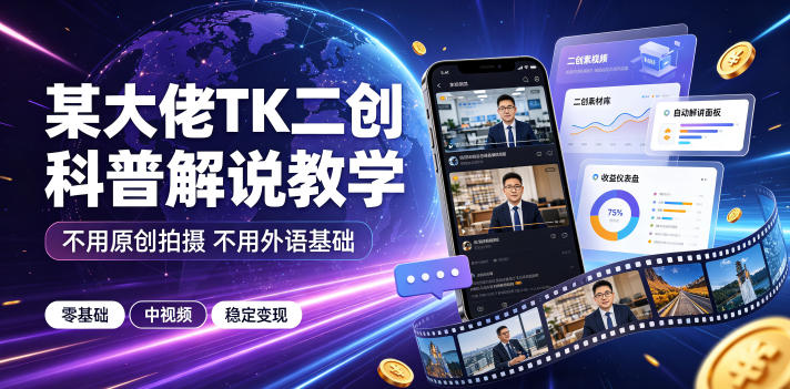 某大佬TK二创科普解说教学，不用原创拍摄不用外语基础，零基础做TikTok中视频稳定变现-搞钱利器