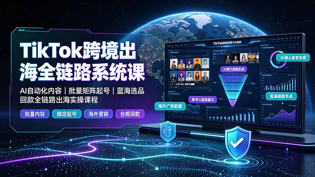 TikTok跨境出海全链路系统课-2026年7月：AI自动化内容｜批量矩阵起号｜蓝海选品回款全链路出海实操课程-搞钱利器