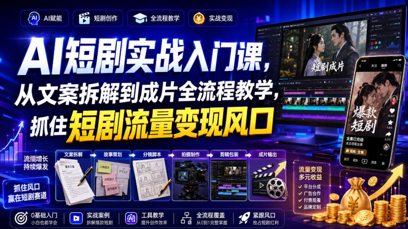 AI短剧实战入门课，从文案拆解到成片全流程教学，抓住短剧流量变现风口-搞钱利器