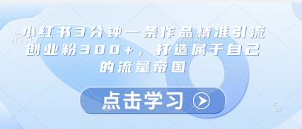 小红书3分钟一条作品精准引流创业粉300+，打造属于自己的流量帝国-搞钱利器
