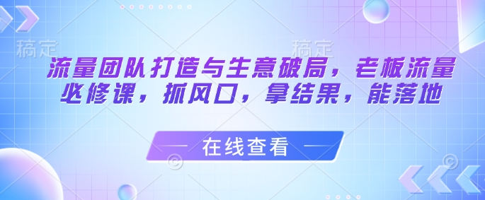流量团队打造与生意破局，老板流量必修课，抓风口，拿结果，能落地-搞钱利器