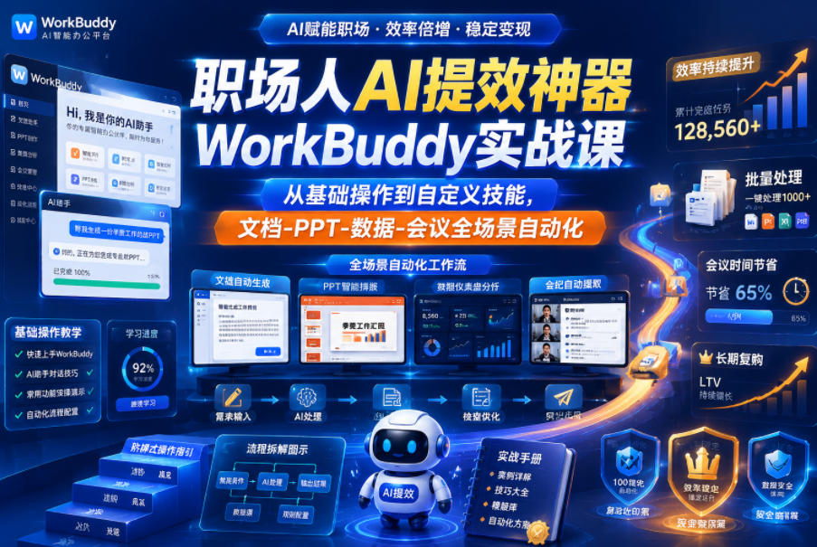 职场人AI提效神器WorkBuddy实战课，从基础操作到自定义技能，文档-PPT-数据-会议全场景自动化-搞钱利器