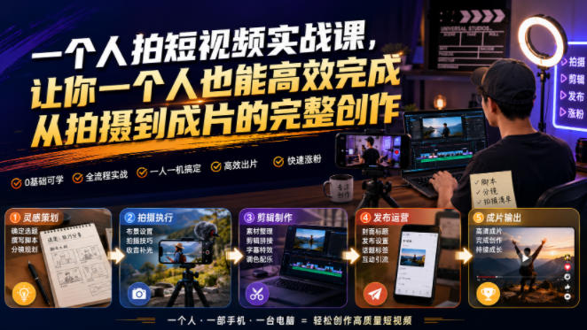 一个人拍短视频实战课，让你一个人也能高效完成从拍摄到成片的完整创作-搞钱利器