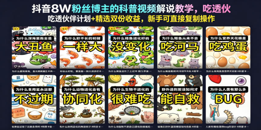 抖音8W粉丝博主的科普视频解说教学，吃透伙伴计划+精选双份收益，新手可直接复制操作-搞钱利器