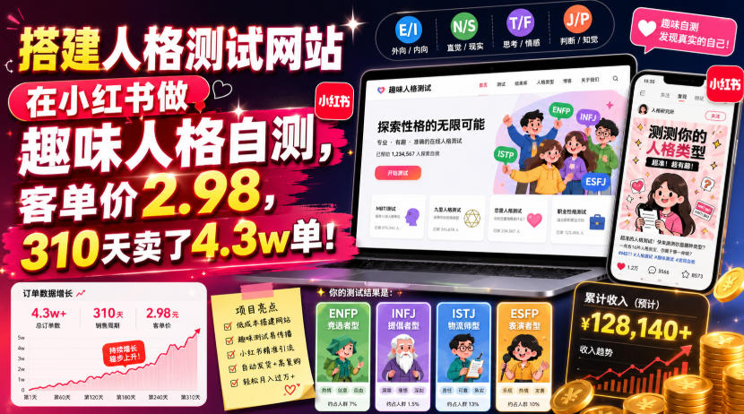 搭建人格测试网站在小红书做趣味人格自测，客单价2.98，310天卖了4.3w单！-搞钱利器