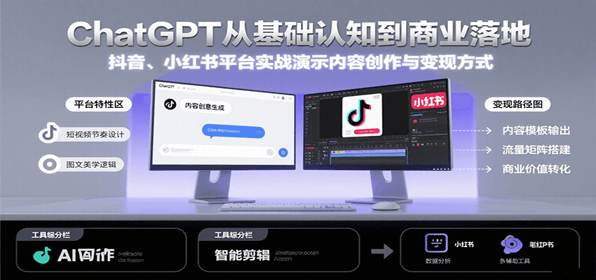 ChatGPT从基础认知到商业落地，实战演示抖音、小红书等平台的内容创作与变现-搞钱利器