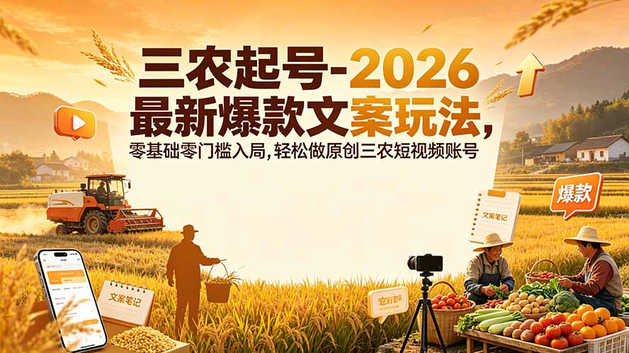 三农起号-2026 最新爆款文案玩法，零基础零门槛入局，轻松做原创三农短视频账号-搞钱利器