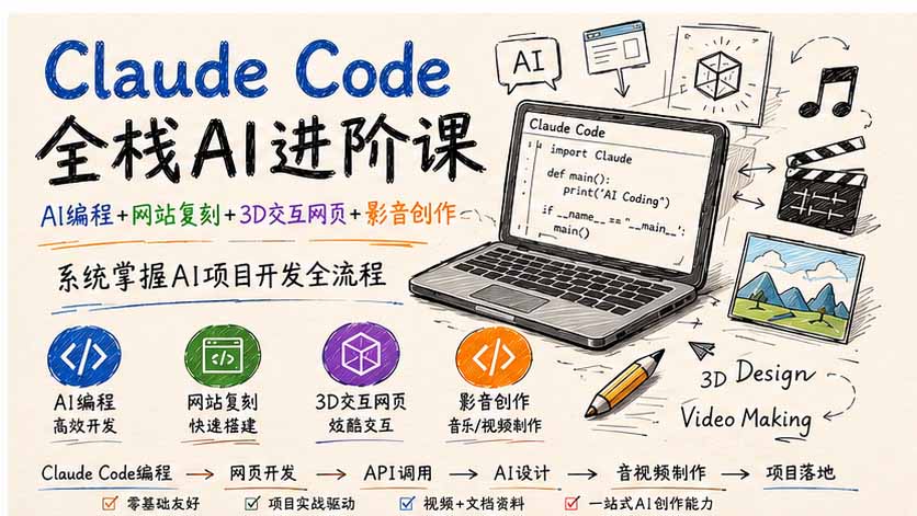 Claude Code全栈AI进阶课；AI编程+网站复刻+3D交互网页+影音创作，系统掌握AI项目开发全流程-搞钱利器