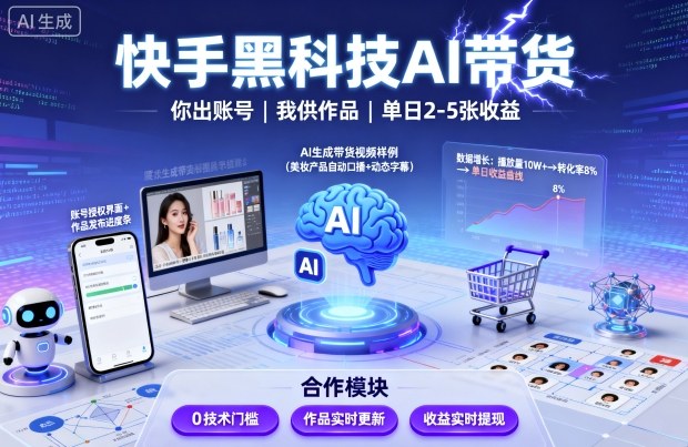快手黑科技AI带货，你提供账号，我提供作品并发布，单日2-5张【揭秘】-搞钱利器
