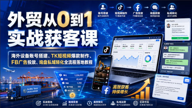 外贸从0到1实战获客课｜海外设备账号搭建、TK短视频爆款制作、FB广告投放、询盘私域转化全流程落地教程-搞钱利器