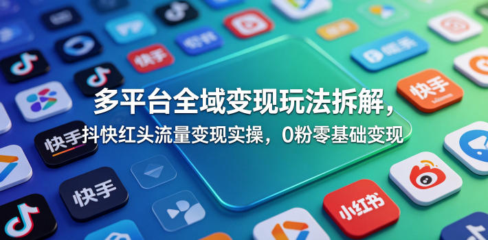 多平台全域变现玩法拆解，抖快红头流量变现实操，0粉零基础变现-搞钱利器