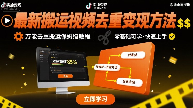 最新搬运视频去重变现方法，万能去重搬运保姆级教程-搞钱利器