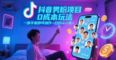 抖音男粉项目0成本玩法，一部手机即可操作，日均4张+，时间自由-搞钱利器