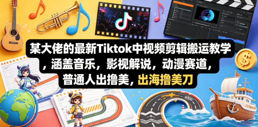 某大佬的最新Tiktok中视频剪辑搬运教学，涵盖音乐，影视解说，动漫赛道，普通人出海撸美刀-搞钱利器