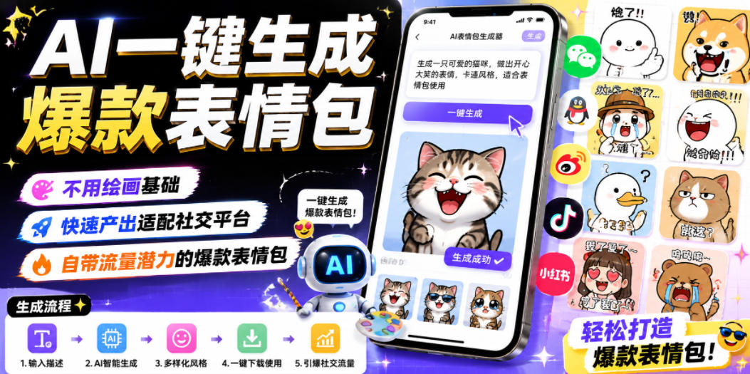 AI一键生成爆款表情包，不用绘画基础，快速产出适配社交平台，自带流量潜力的爆款表情包-搞钱利器