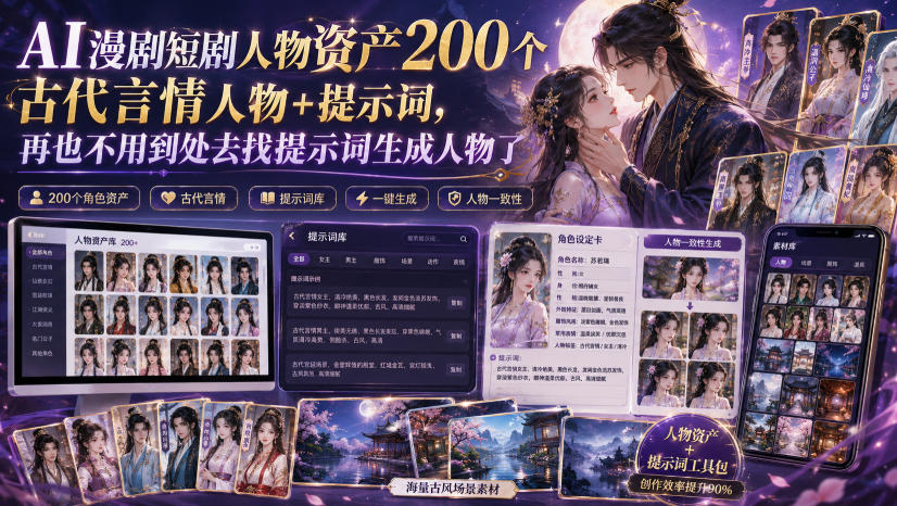 AI漫剧短剧人物资产200个古代言情人物+提示词，再也不用到处去找提示词生成人物了-搞钱利器