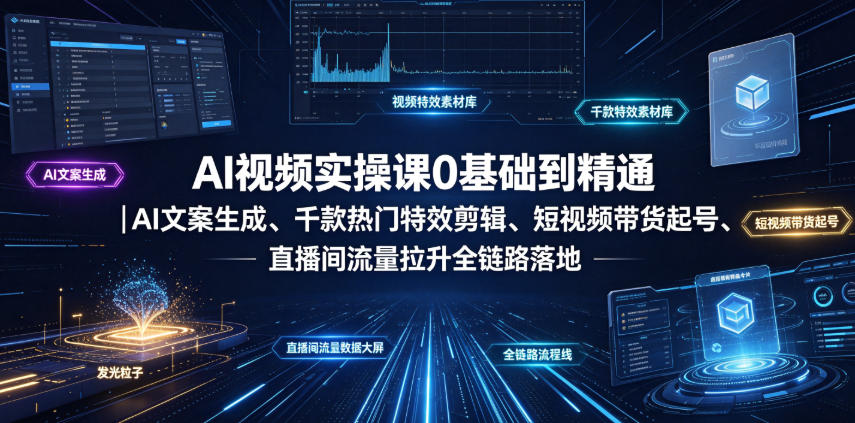 AI视频实操课0基础到精通｜AI文案生成、千款热门特效剪辑、短视频带货起号、直播间流量拉升全链路落地-搞钱利器