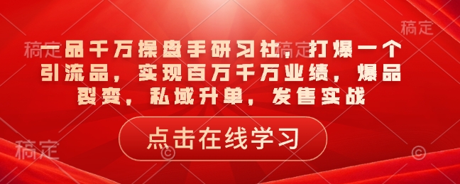 一品千万操盘手研习社，打爆一个引流品，实现百万千万业绩，爆品裂变，私域升单，发售实战-搞钱利器