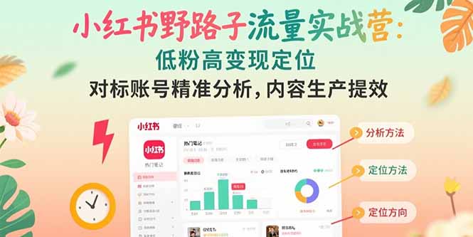 小红书野路子流量实战营：低粉高变现定位 对标账号精准分析 内容生产提效-搞钱利器