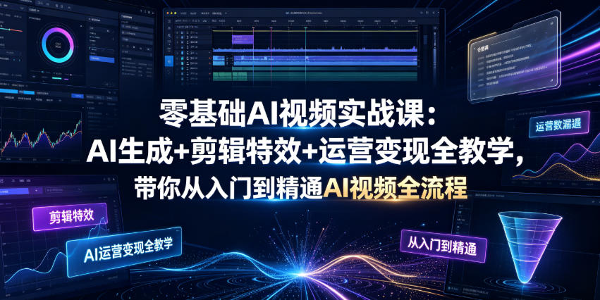 零基础AI视频实战课：AI生成+剪辑特效+运营变现全教学，带你从入门到精通AI视频全流程-搞钱利器