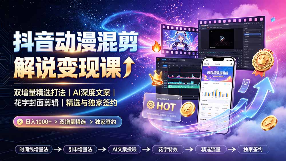 抖音动漫混剪解说变现课：双增量精选打法｜AI深度文案｜花字封面剪辑｜ 精选与独家签约日入1000+-搞钱利器