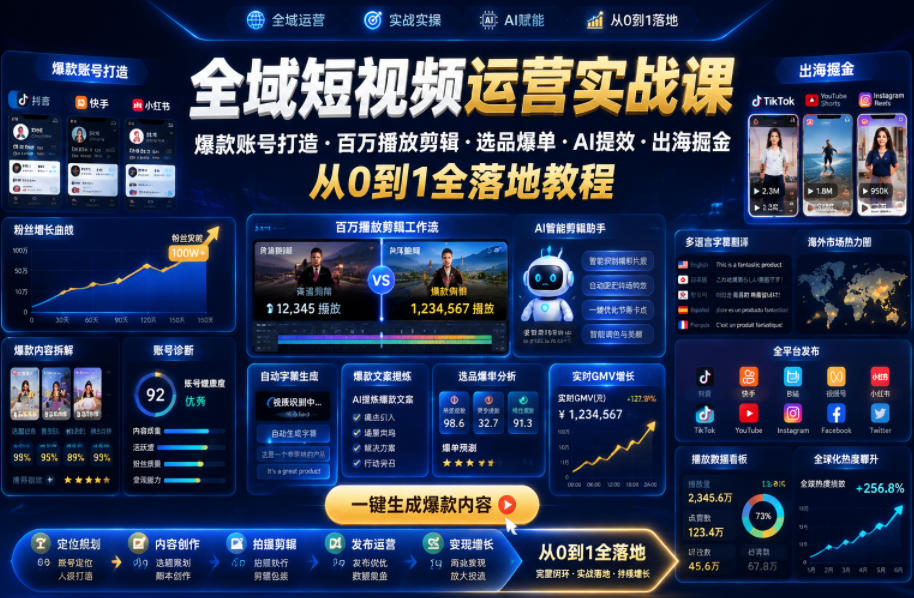 全域短视频运营实战课，爆款账号打造・百万播放剪辑・选品爆单・AI提效・出海掘金，从0到1全落地教程-搞钱利器