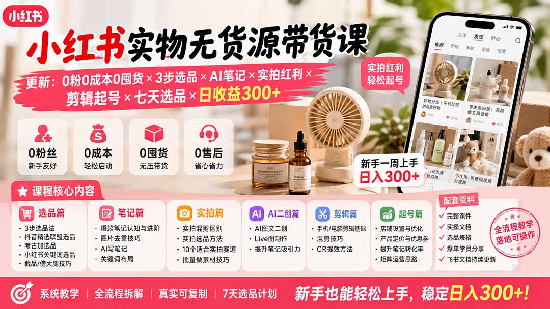 小红书实物无货源带货课-更新：0粉0成本0囤货×3步选品×AI笔记×实拍红利×剪辑起号×七天选品×日收益300+-搞钱利器