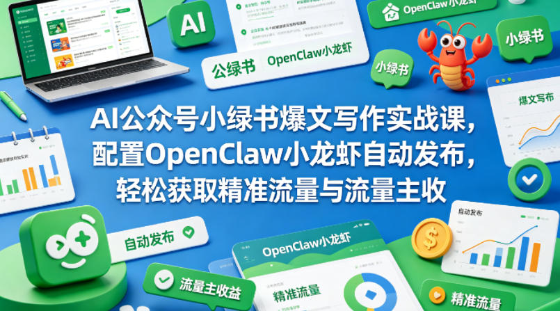 AI公众号小绿书爆文写作实战课，配置OpenClaw小龙虾自动发布，轻松获取精准流量与流量主收益-搞钱利器