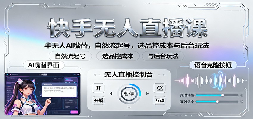 快手无人直播课：半无人AI嘴替，自然流起号，选品控成本与后台玩法-搞钱利器