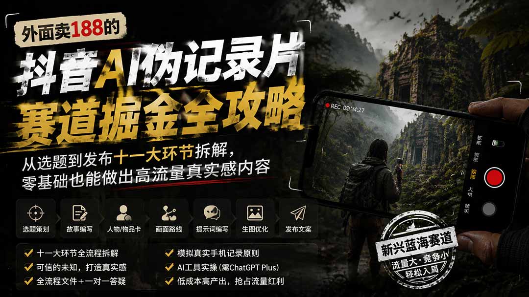 外面卖188的抖音AI伪记录片赛道掘金全攻略；从选题到发布十一大环节拆解，零基础也能做出高流量真实感内容-搞钱利器