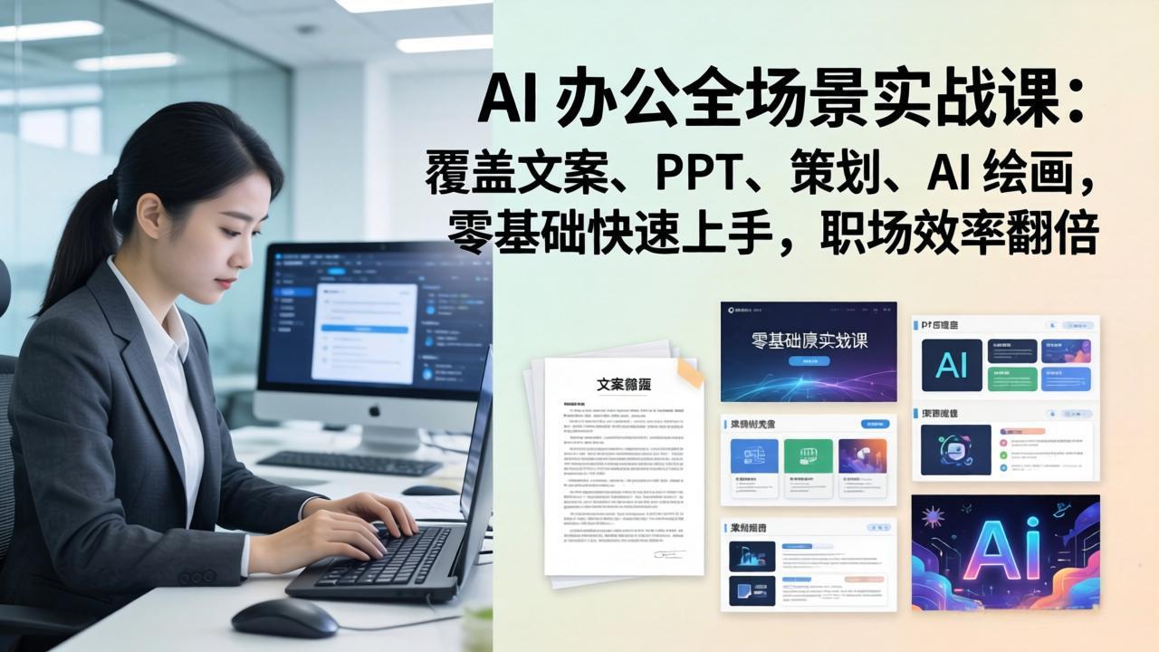AI 办公全场景实战课：覆盖文案、PPT、策划、AI 绘画，零基础快速上手，职场效率翻倍-搞钱利器