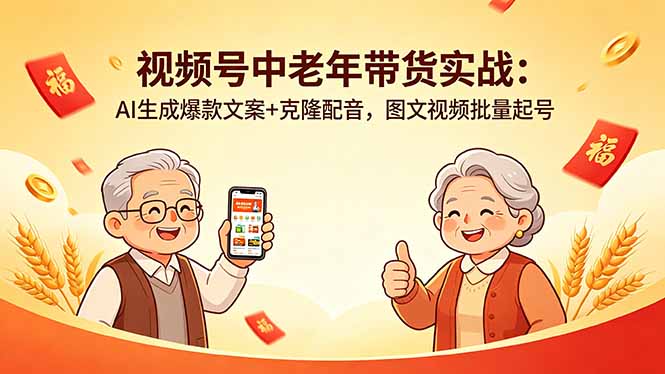 视频号中老年带货实战：AI生成爆款文案+克隆配音，图文视频批量起号-搞钱利器