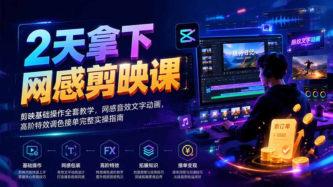 2天拿下网感剪辑课｜剪映基础操作全套教学，网感音效文字动画，高阶特效调色接单完整实操指南-搞钱利器
