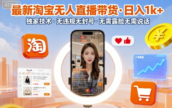 最新淘宝无人直播带货，日入1k+，独家技术，无违规无封号，无需露脸无需说话【揭秘】-搞钱利器