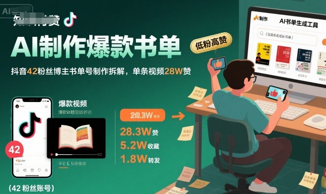 AI制作爆款书单，抖音42粉丝博主书单号制作拆解，单条视频28W赞-搞钱利器