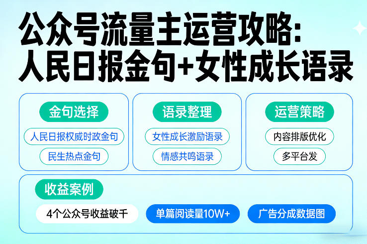 利用人民日报金句+女性成长语录做公众号流量主，4个公众号收益破千-搞钱利器