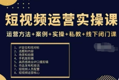 短视频运营实操课，运营方法+案例+实操+私教+线下闭门课-搞钱利器