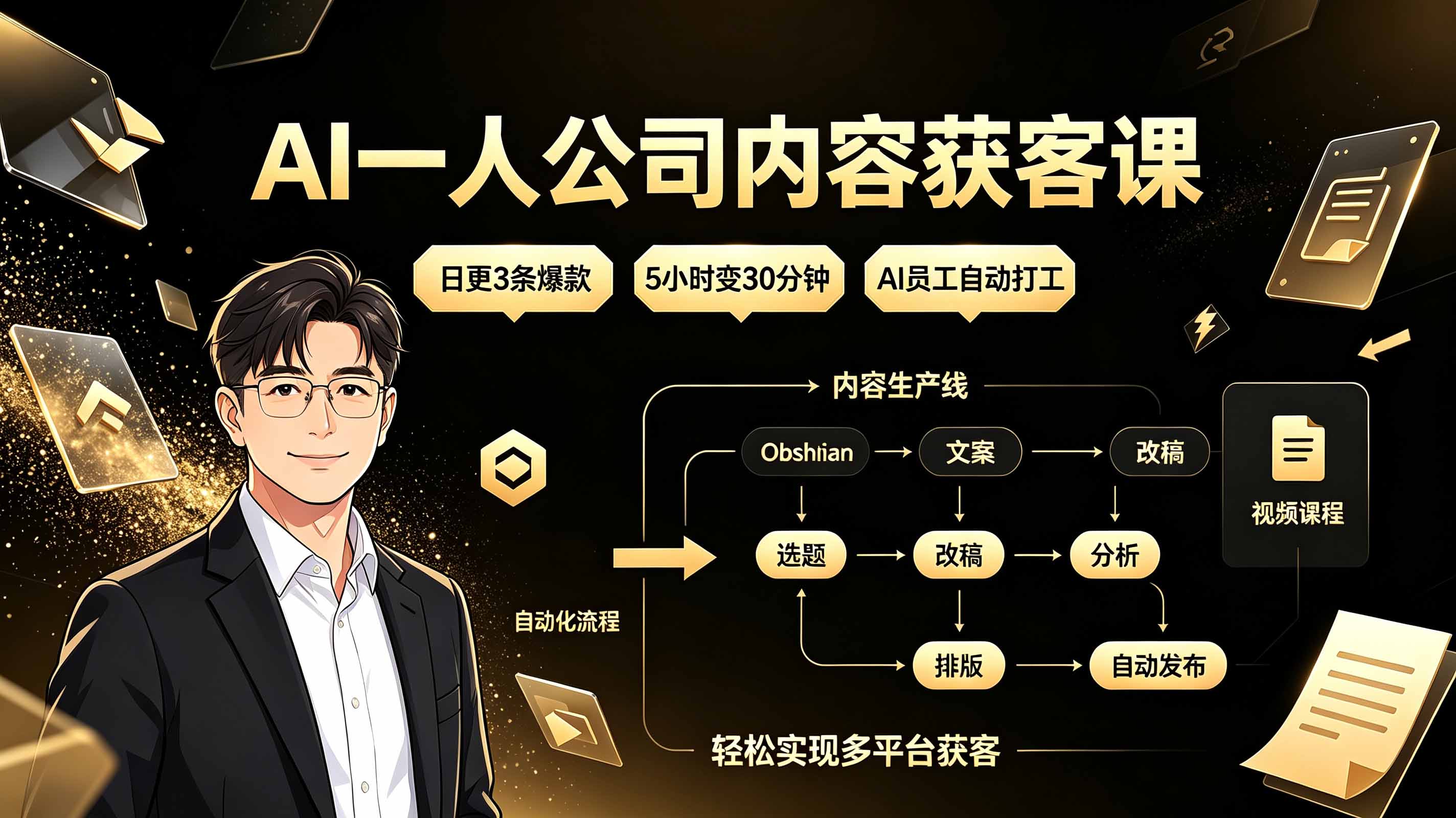 AI一人公司内容获客课：日更3条爆款×5小时变30分钟×AI员工自动打工，轻松实现多平台获客-搞钱利器