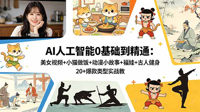 AI人工智能0基础到精通：美女视频+小猫做饭+动漫小故事+福娃+古人健身，20+爆款类型实战教学-搞钱利器