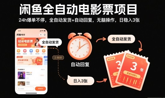 闲鱼全自动电影票项目,24h爆单不停,全自动发货+自动回复,无脑操作,日稳入3张【揭秘】-搞钱利器