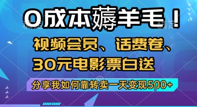 0成本薅羊毛!视频会员、话费卷、30元电影票白送，分享我如何靠转卖一天变现5张+【揭秘】-搞钱利器