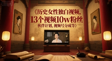 历史女性独白视频，13个视频10w粉丝，伙伴计划，视频号分成等-搞钱利器