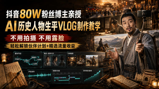 抖音80W粉丝博主的AI历史人物生平VLOG教学，不用拍摄不用露脸，AI帮你搞定，轻松解锁伙伴计划+精选收益-搞钱利器