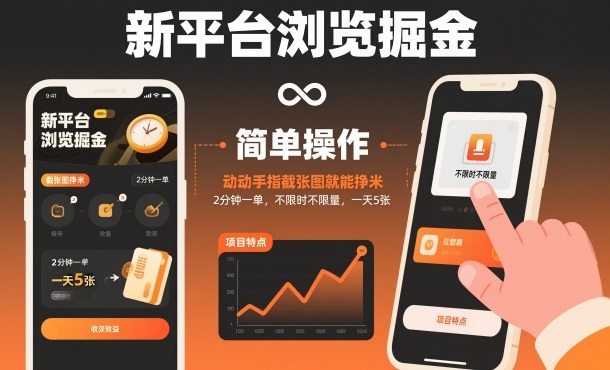新平台浏览掘金，动动手指截张图就能挣米，2分钟一单，不限时不限量，一天5张【揭秘】-搞钱利器