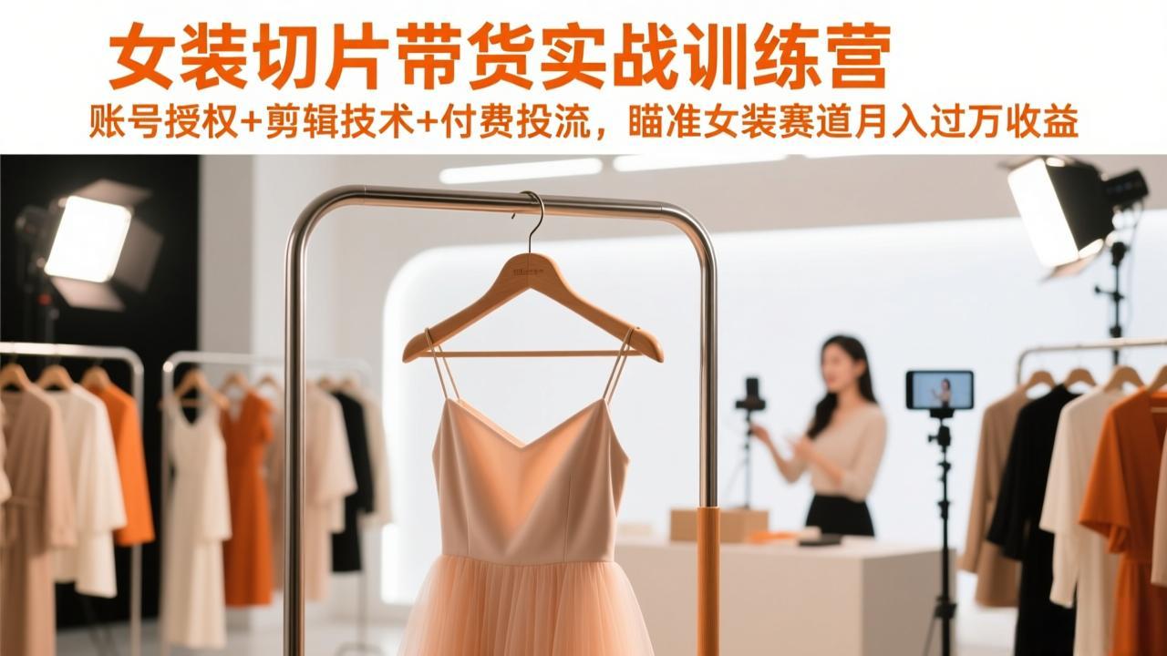女装切片带货实战训练营，账号授权+剪辑技术+付费投流，瞄准女装赛道月入过万收益-搞钱利器