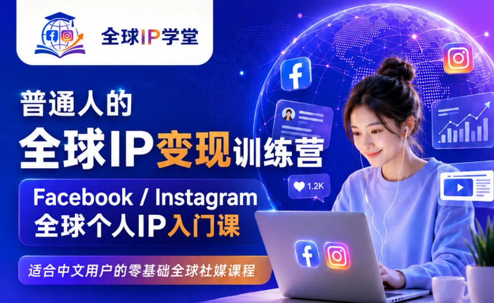 普通人的全球IP变现训练营，Facebook/Instagram全球个人IP入门课，零基础全球社媒课程-搞钱利器