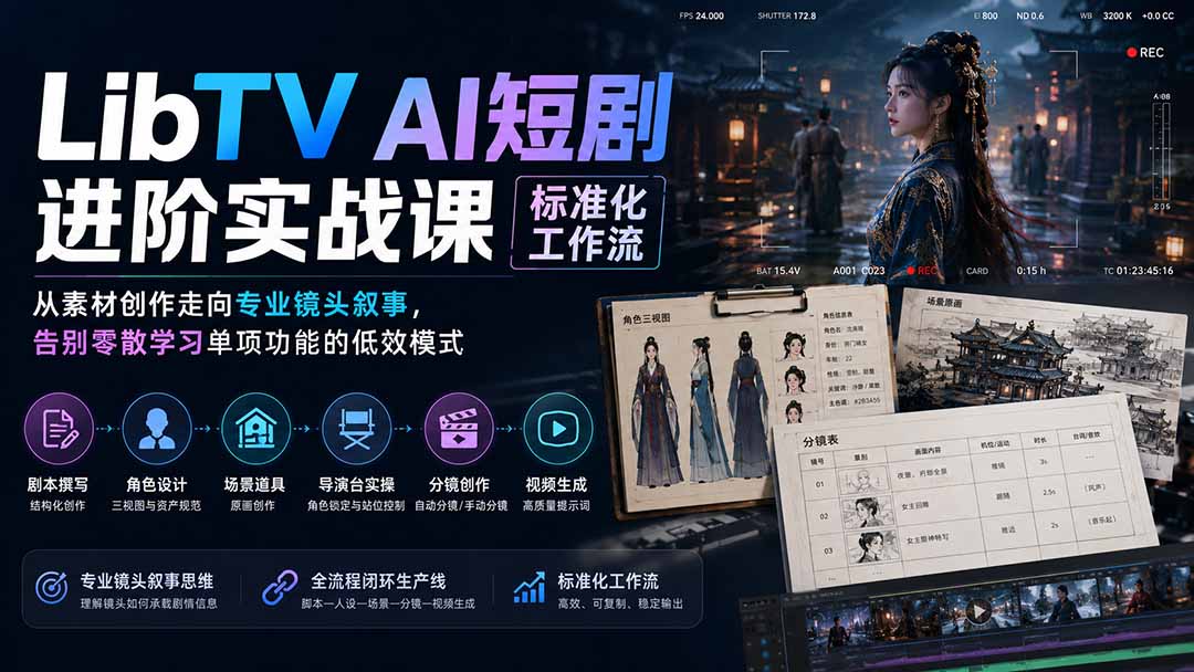 LibTV AI短剧进阶实操课标准化工作流；从素材创作走向专业镜头叙事，告别零散学习单项功能的低效模式-搞钱利器
