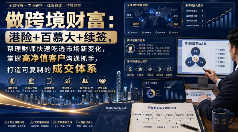 做跨境财富：港险+百慕大+续签，帮理财师快速吃透市场新变化，掌握高净值客户沟通抓手，打造可复制的成交体系-搞钱利器